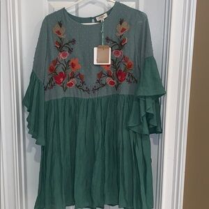 Floral Embroidered Kids Dress - Green